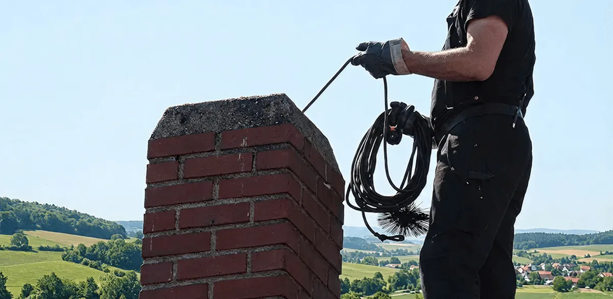 Chimney sweep inspecting and cleaning a rooftop chimney in Providence, RI