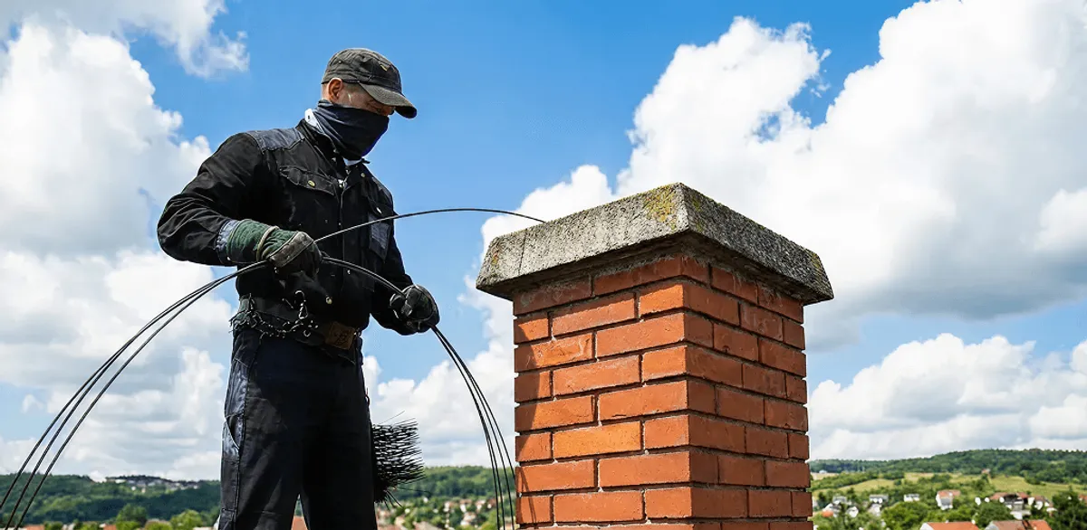 Chimney sweep cleaning a brick chimney with professional tools in Providence, RI