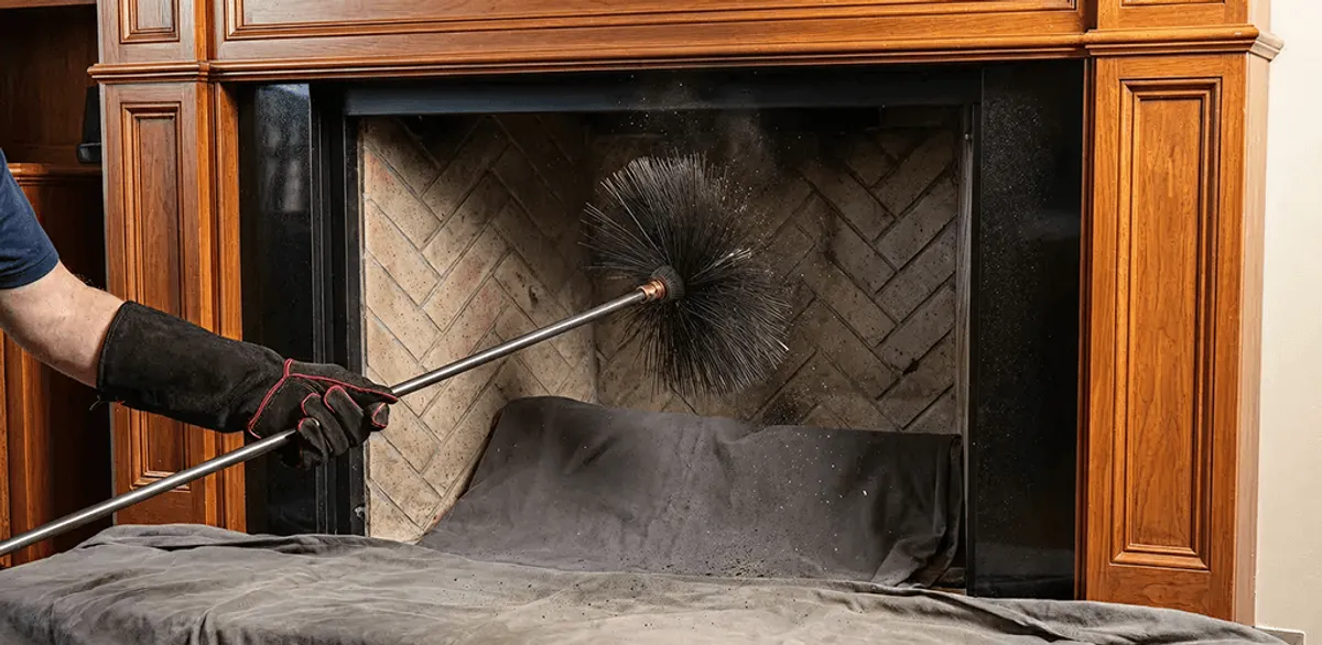 Chimney cleaning service brushing soot from a fireplace and flue in Providence, RI
